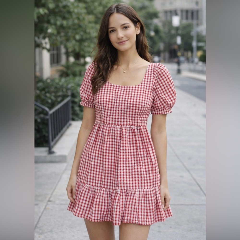LOFT Red White Gingham Babydoll Dress Sz 6 Puff Sleeve Tie Back Coastal Cowgirl